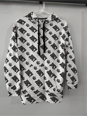 Juicy Couture White Crown Hoodie with Black All-Over Diagonal Logo
